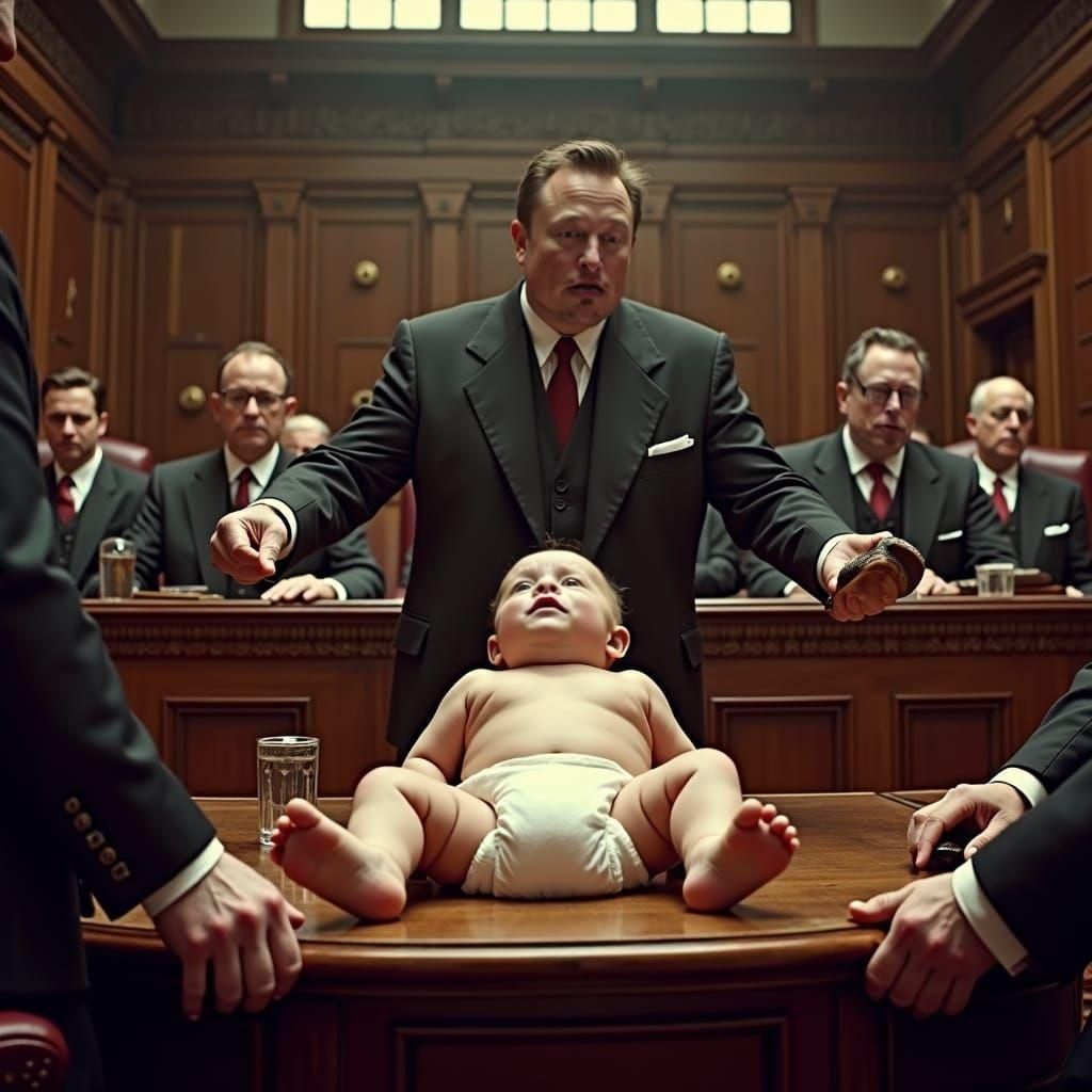 Dramatic Film Still of Baby Confronted by Judges