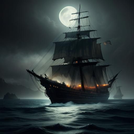 The Black Pearl Sails on Moonlit Ocean