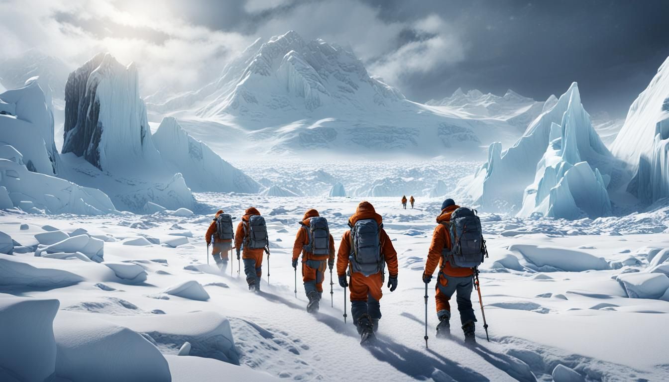 Antarctic Explorers Brave Blizzard in Detailed Matte Paintin...