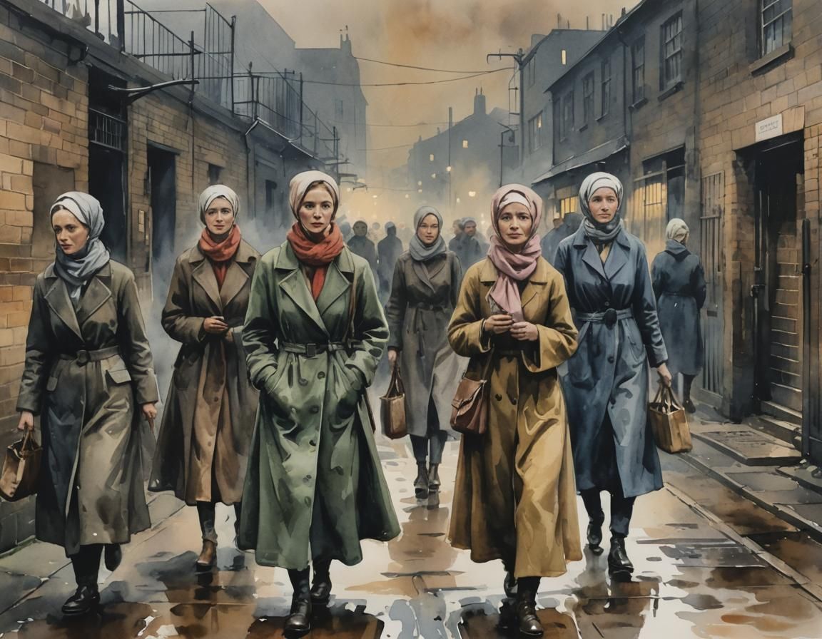 Exhausted Workers Leaving Factory in Fog, Impasto Gouache