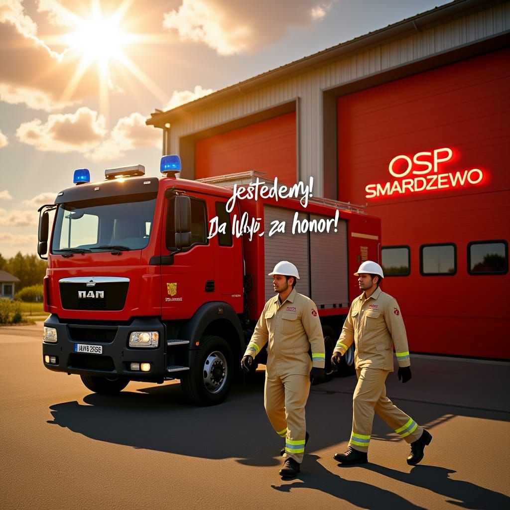 Modern Fire Truck in Front of Fire Station