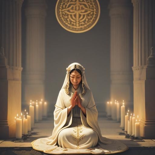 High Priestess Offering Food in Mystical Temple