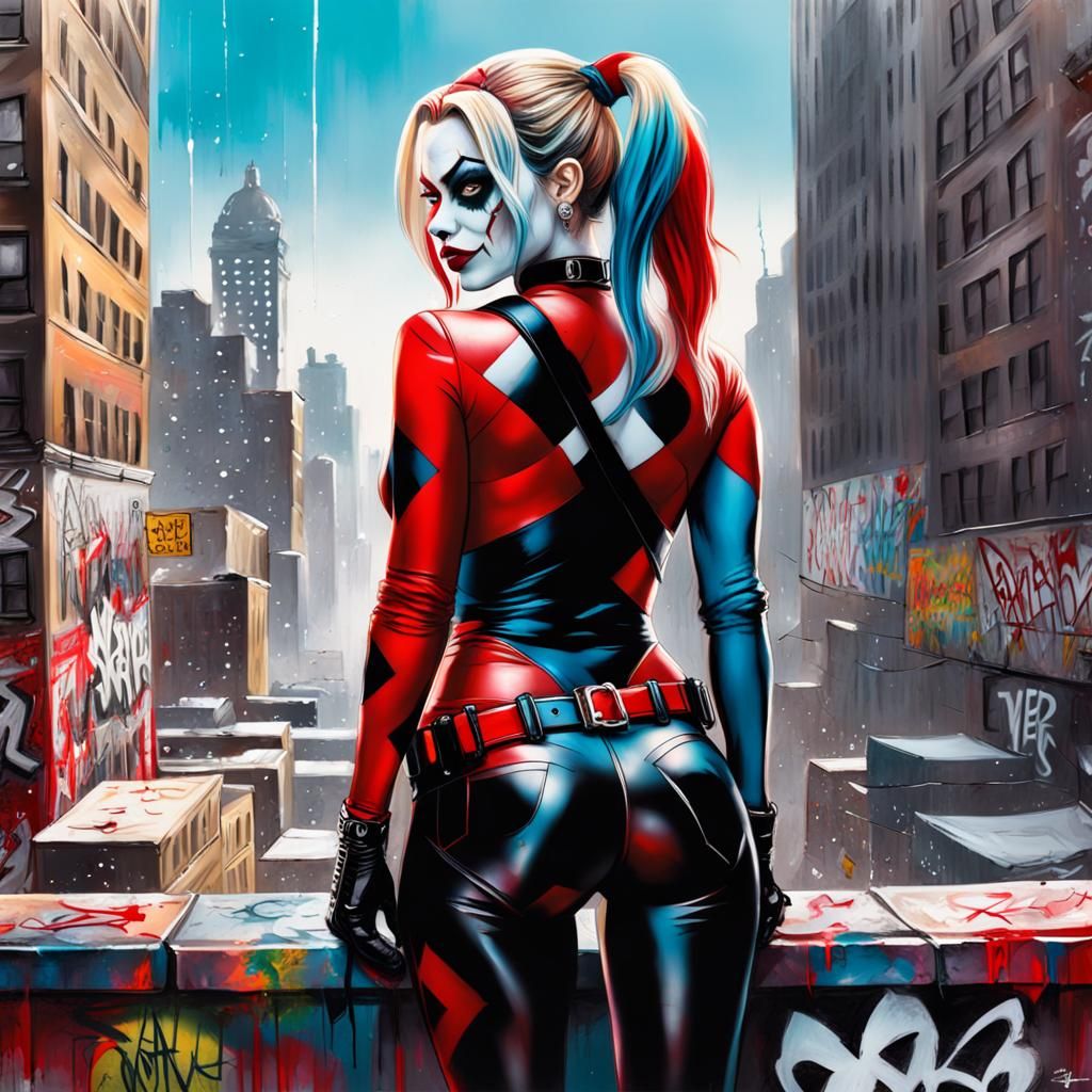 Sofia Vergara as Harley Quinn overlooking Gotham, looking behind