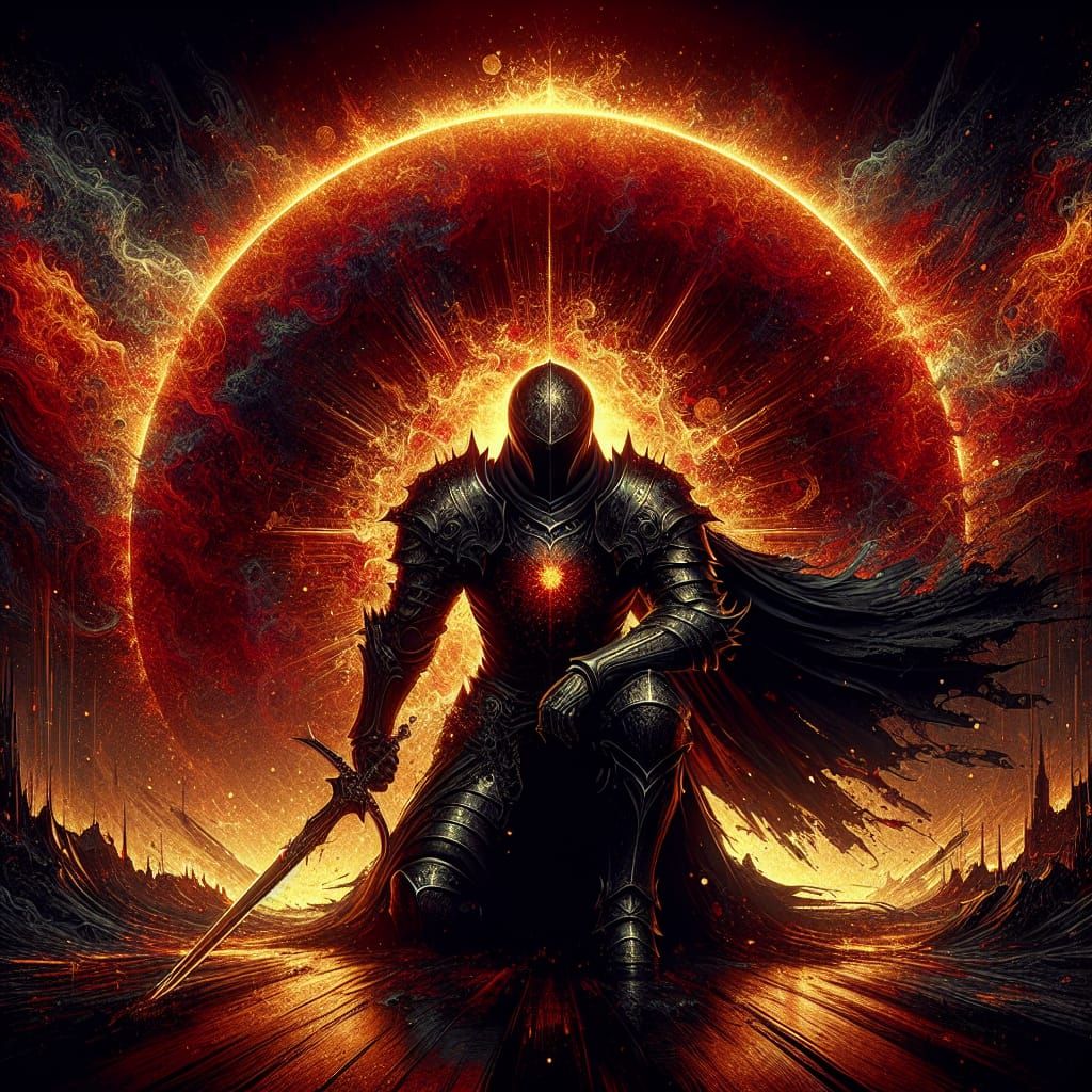 Gothic Warrior in a Fiery Dark Fantasy Landscape
