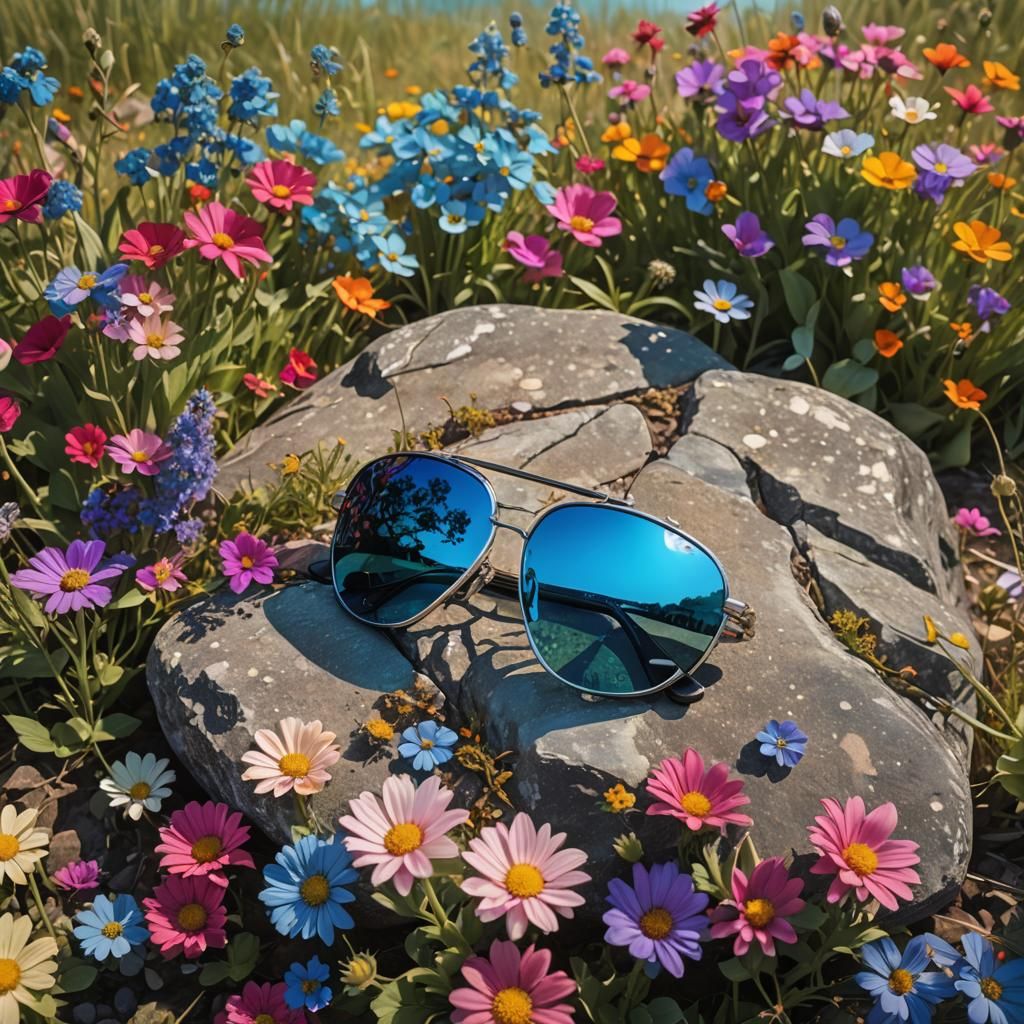 Sunglasses Reflecting Colorful Flower Field, Detailed Matte ...