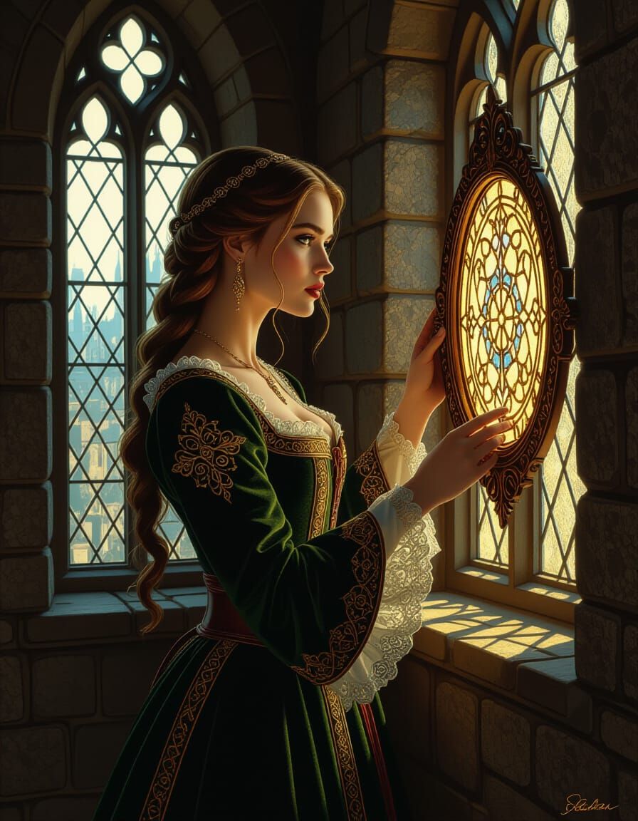 Medieval Woman in Tower, Digital Art Style