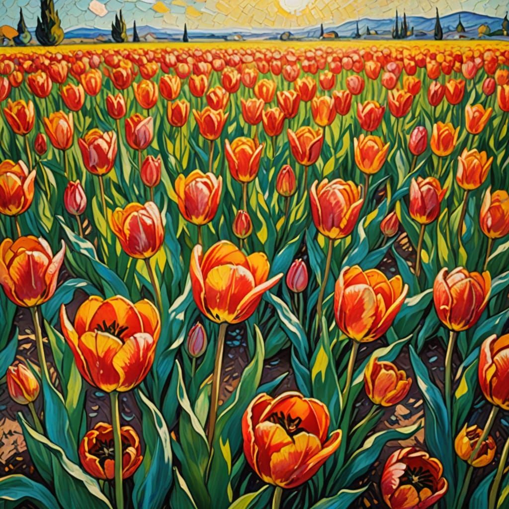 Impressionist Tulip Field in Oil Painting Style
