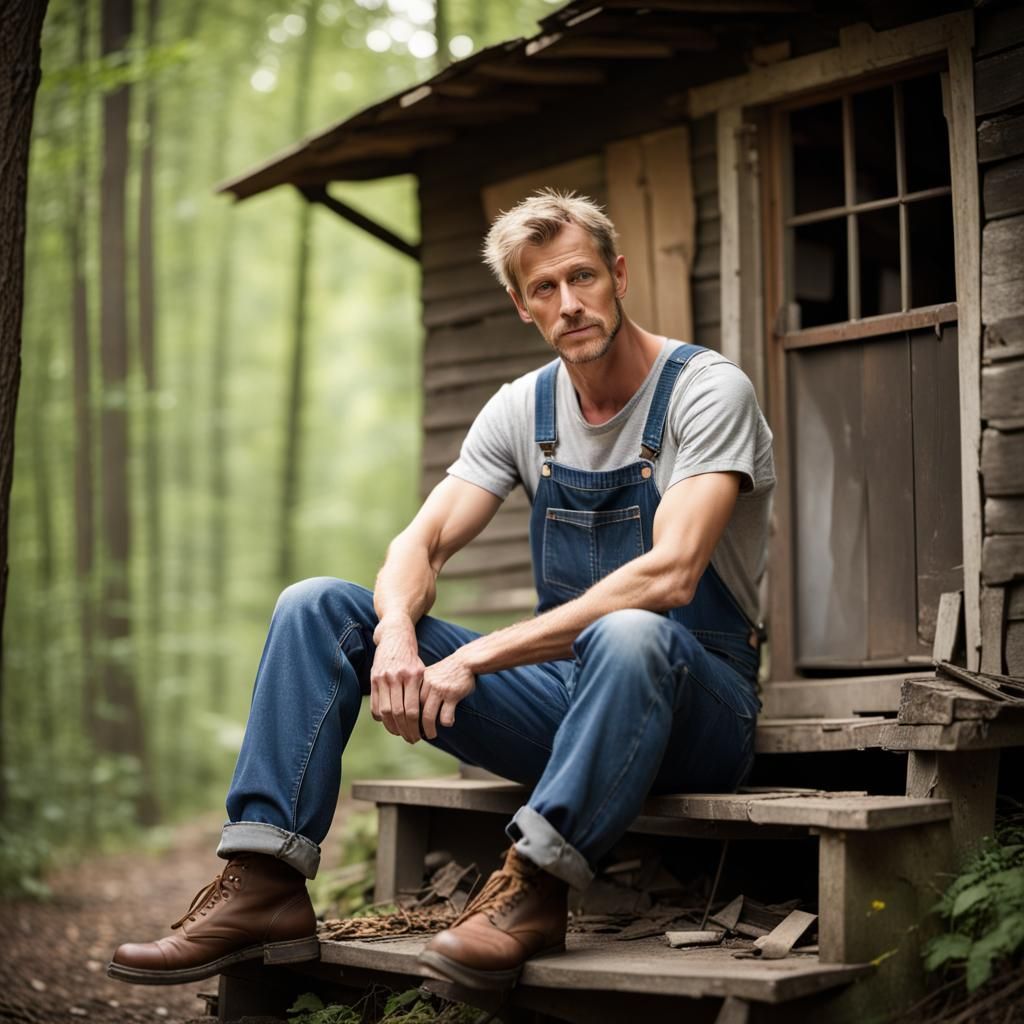 beautiful blonde man only wearing overalls, sits on the steps of a rickety old shack in the woods, tired hound dog at hi...