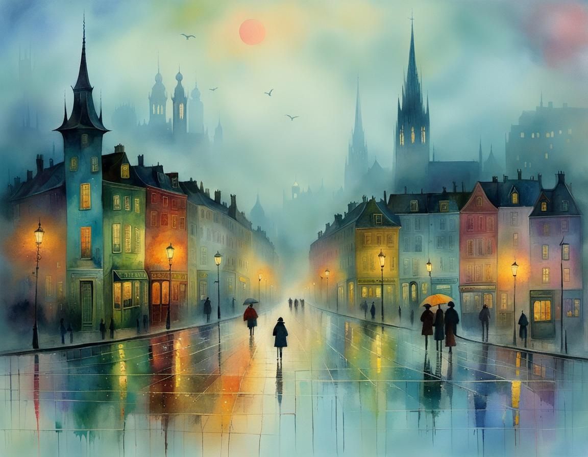 Twilight Fog Cityscape in Whimsical Pastel Illustration