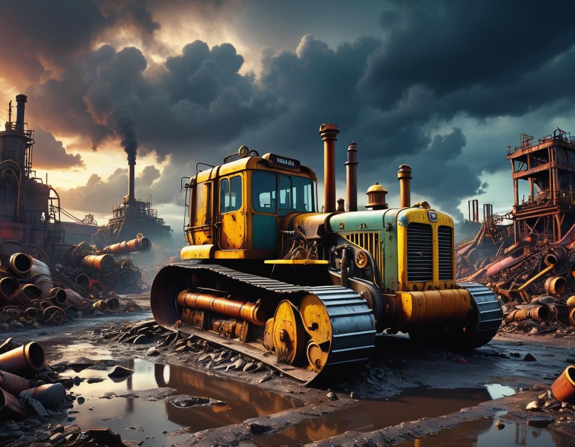 Grimdark Dieselpunk Bulldozer at Sunset