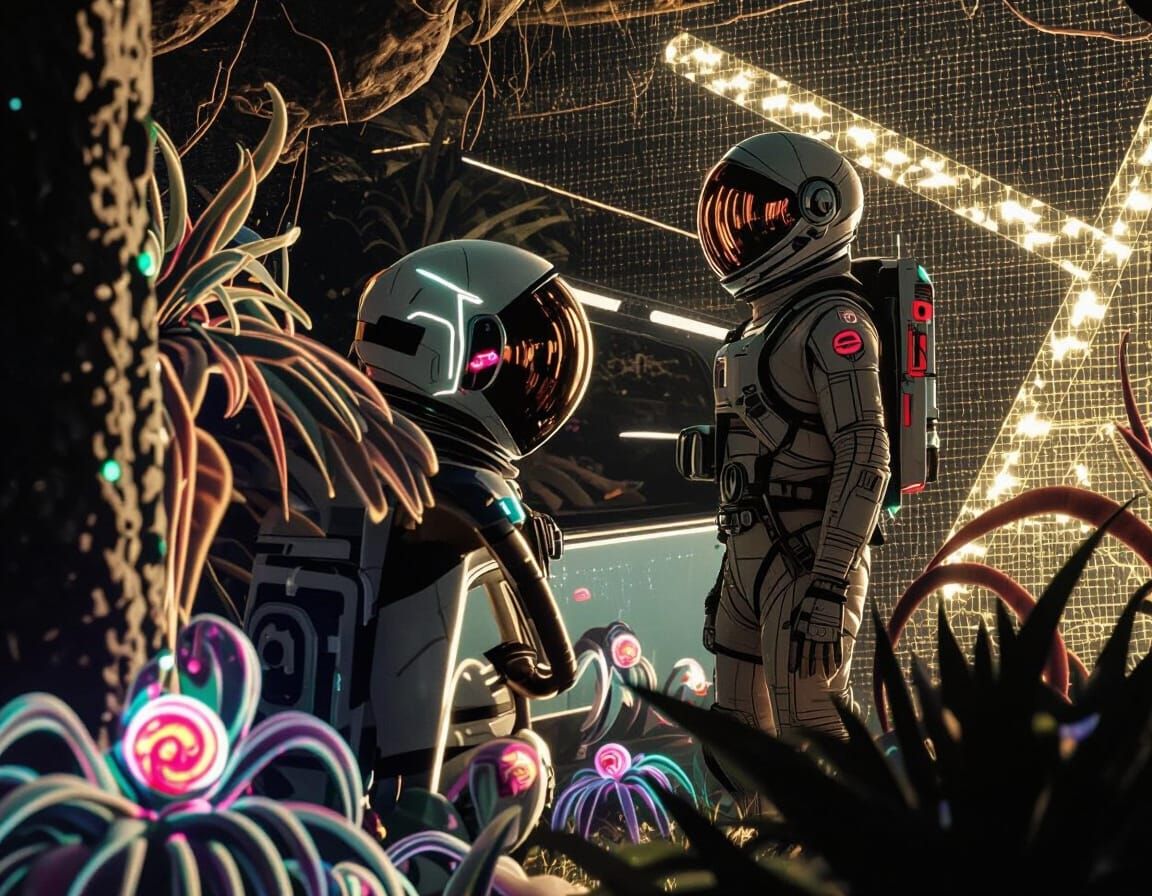 Astronaut Explores Alien Jungle with Glowing Flora
