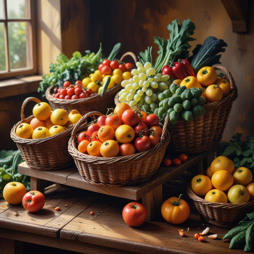 Rustic Wooden Stand Overflowing with Harvest Bounty
