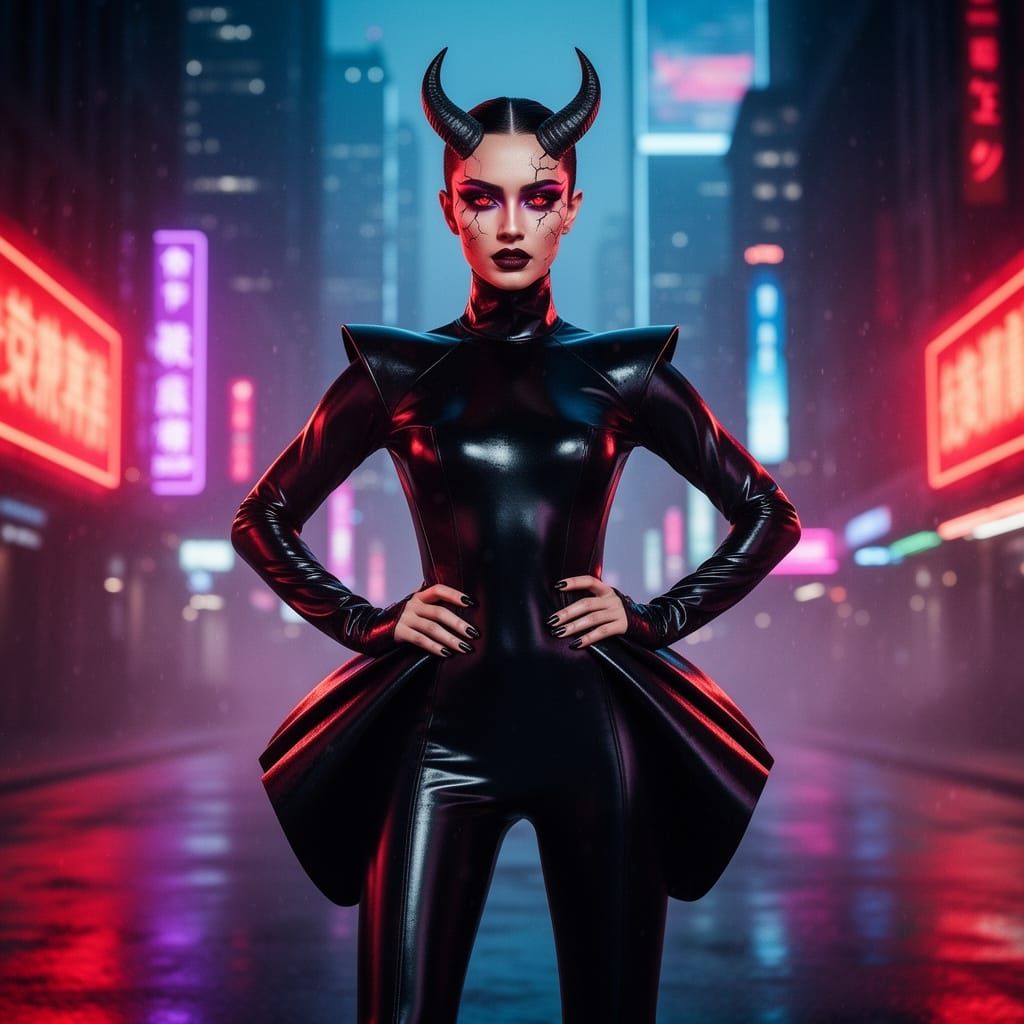 Demon Fashion Model in Neon City