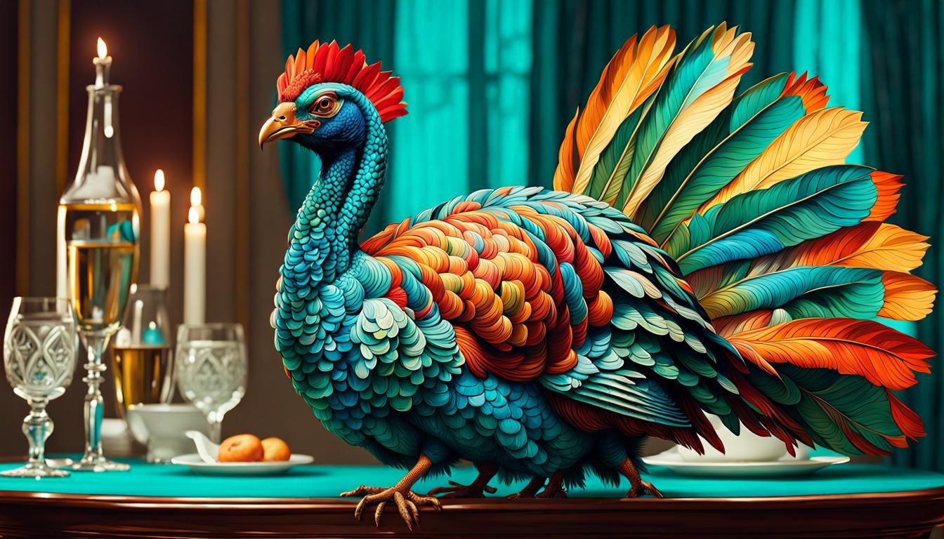 Anthropomorphic Turkey in Turquoise Dress: Digital Art
