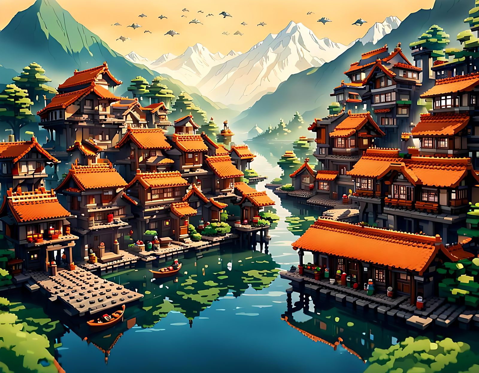Lego Kashmiri Floating Village in Anime Style