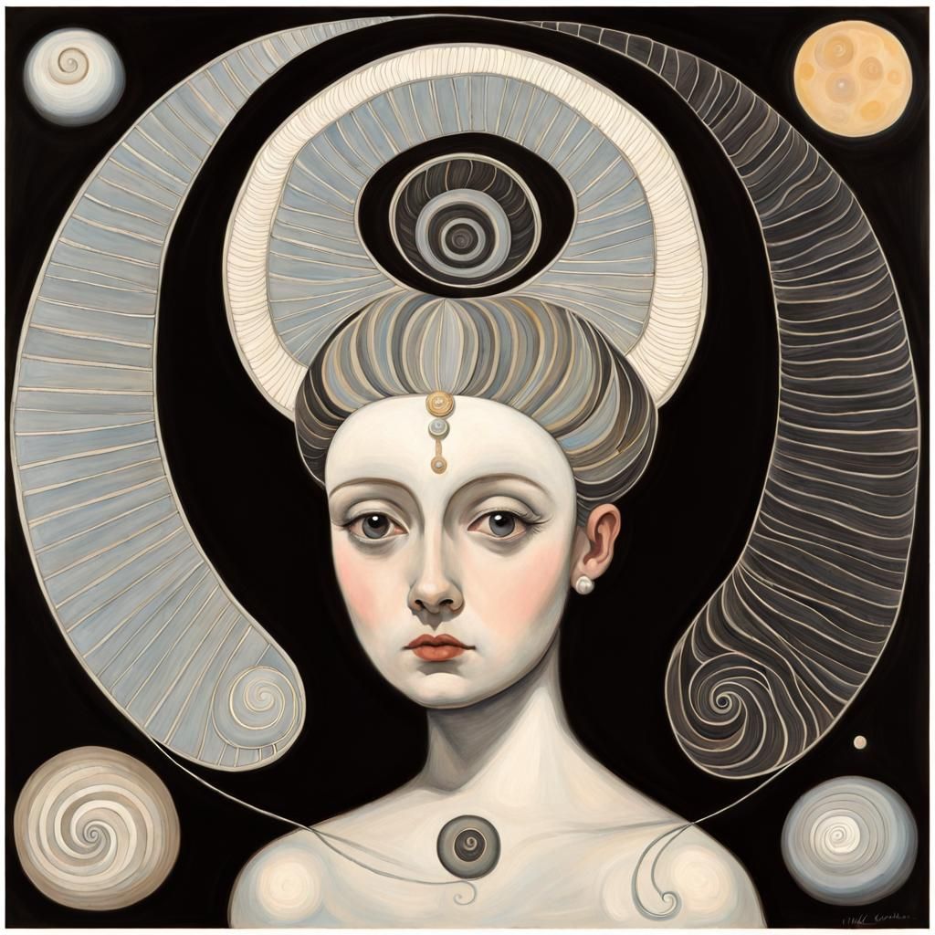 Gothic Moon Goddess with Seashell, Ink Print Style