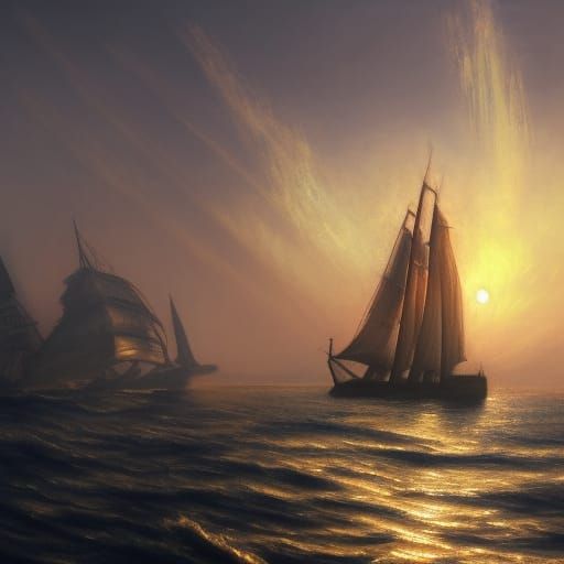 Sailing Ship Shadow at Sunset: Romantic Era Painting