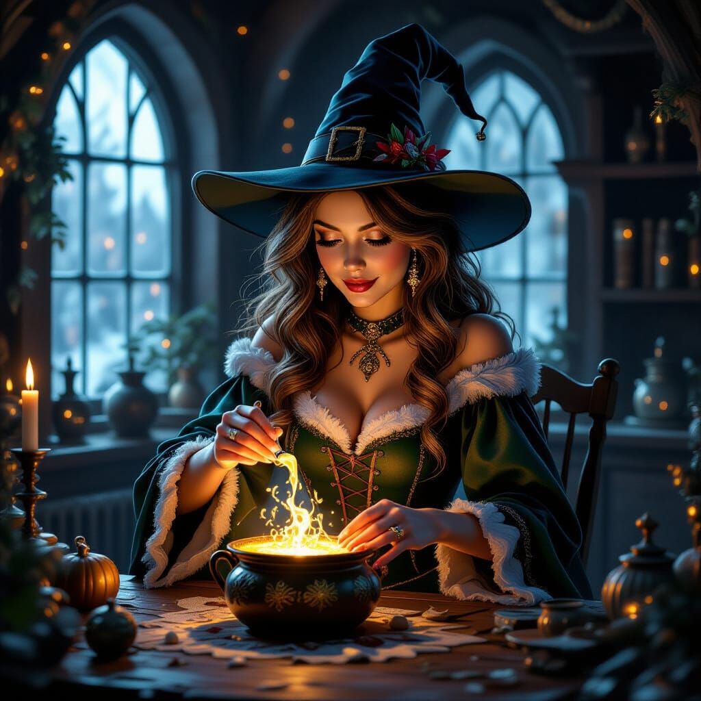 Christmas Witch Brewing Potion in Cozy Abode