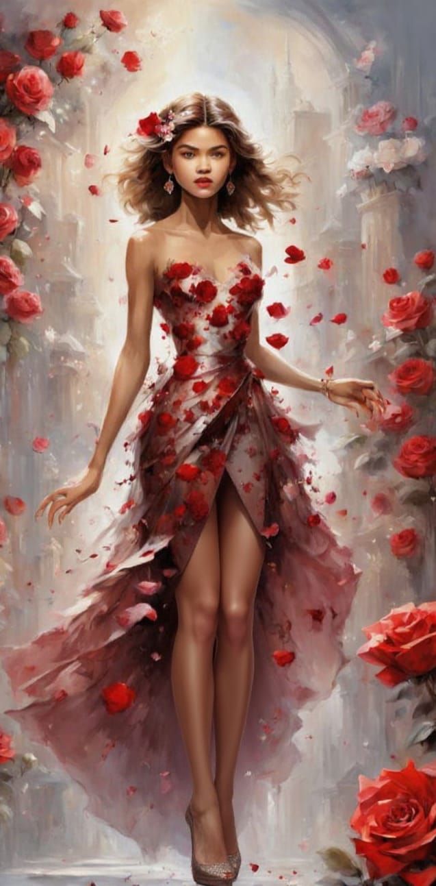 Zendaya Portrait with Magical Red Roses