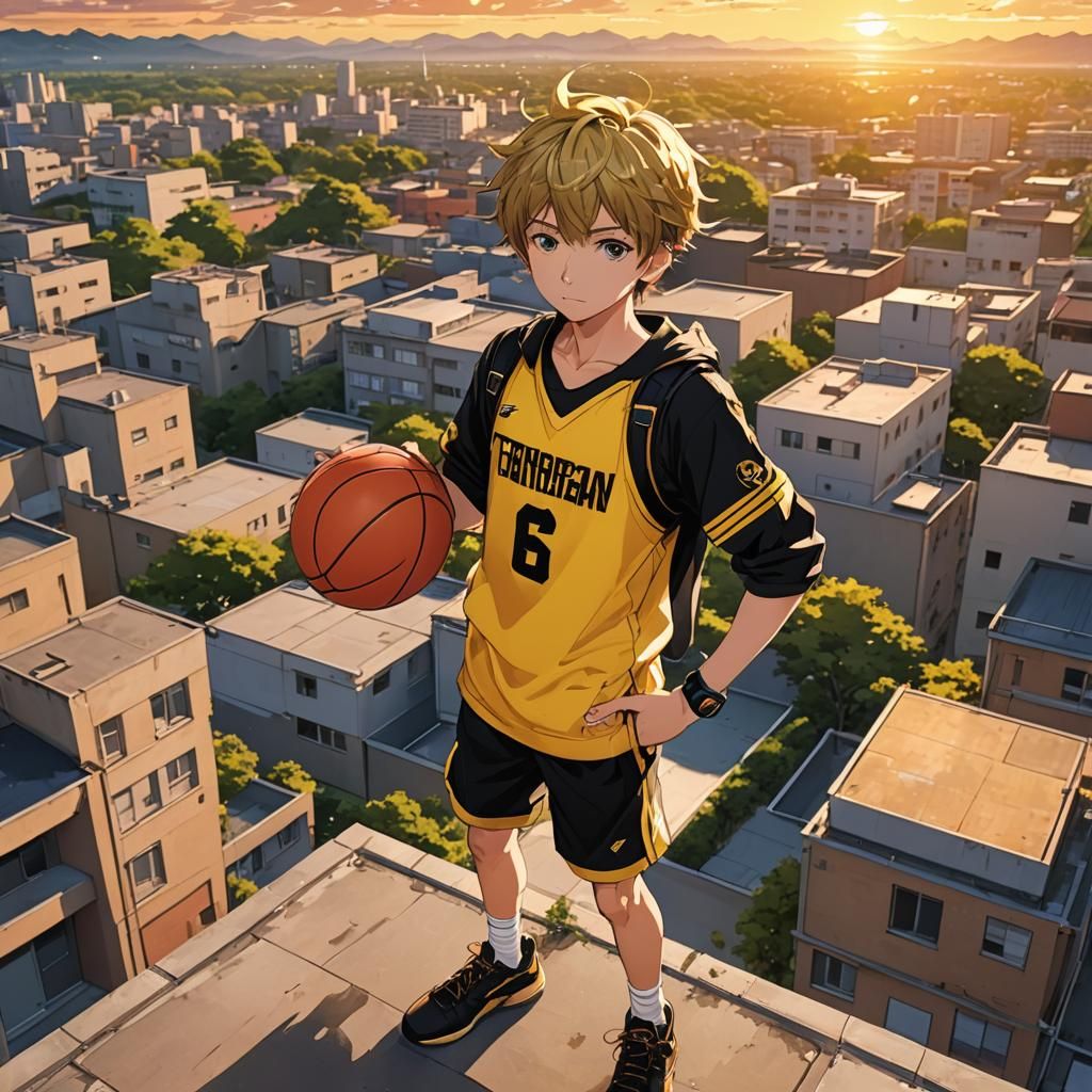 Anime Boy with Basketball on Rooftop at Sunset