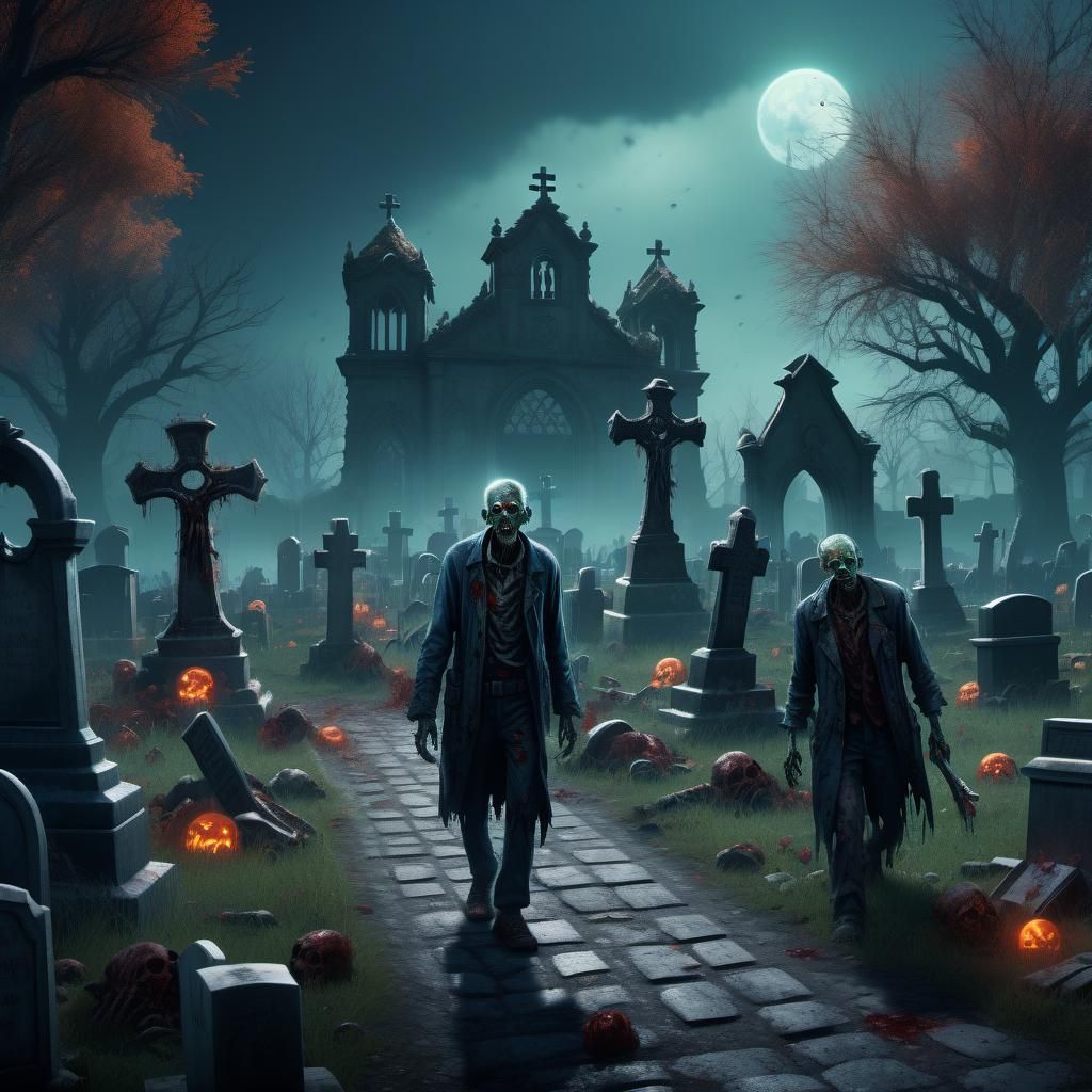 Zombies in Graveyard: Detailed Matte Painting