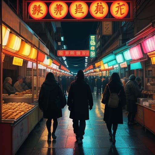 Neon Night Market in Cinematic Style