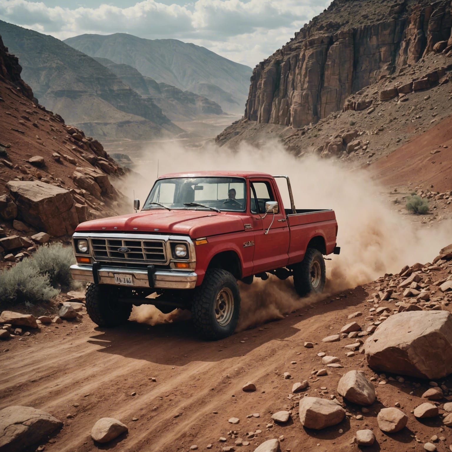 Off-Road Adventure: Red Ford Truck at Sunset