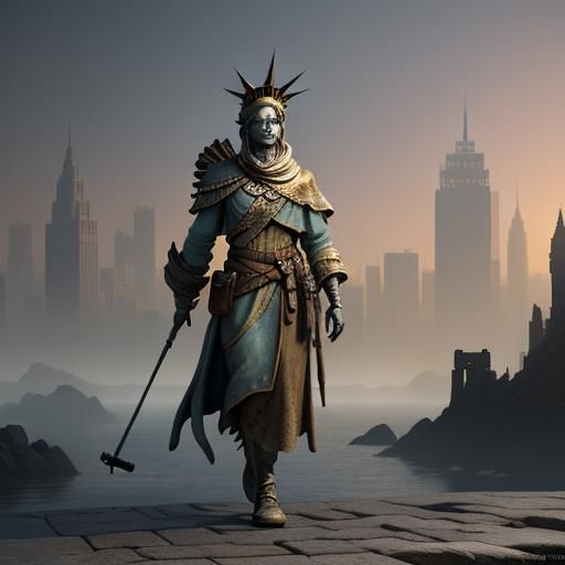 Statue of Liberty with Crutches in Mystical Cityscape