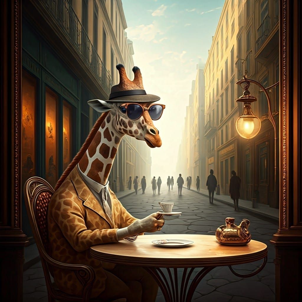 Stylish giraffe cafe, drinking coffee on the sidewalk, dress...