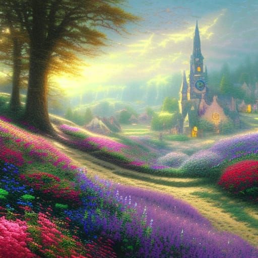 Ethereal Flower Meadow: A Steampunk Fantasy Painting