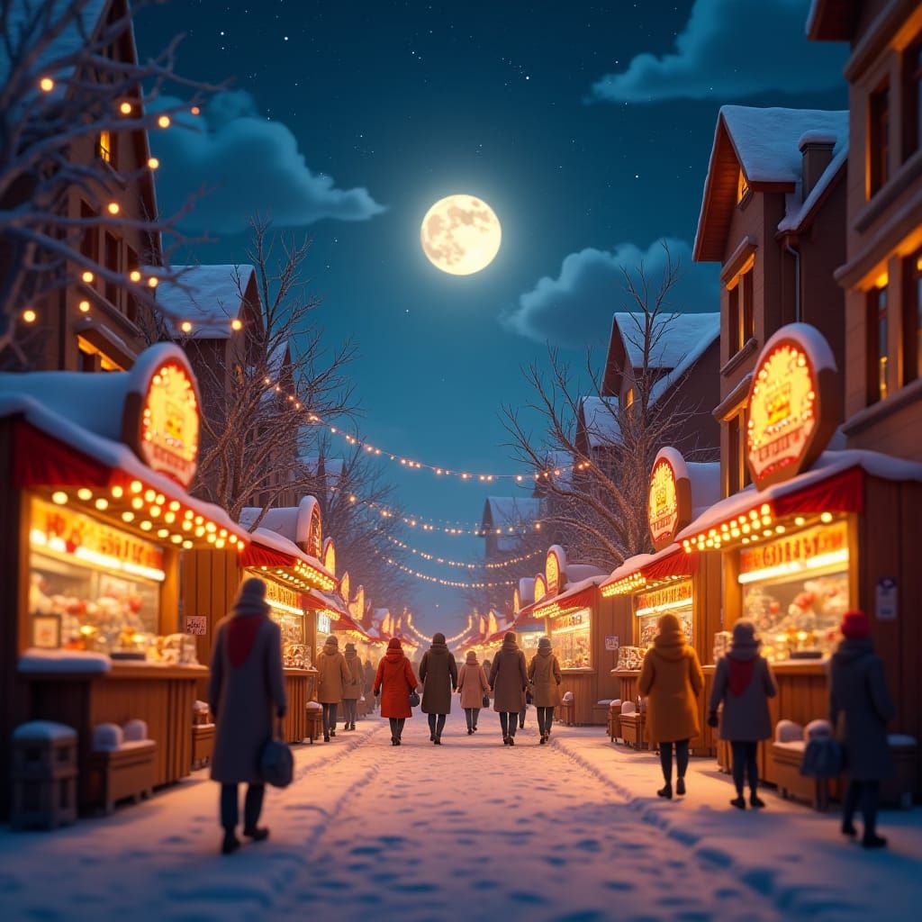 Night Street Scene with Food Vendors in 3D Digital Art