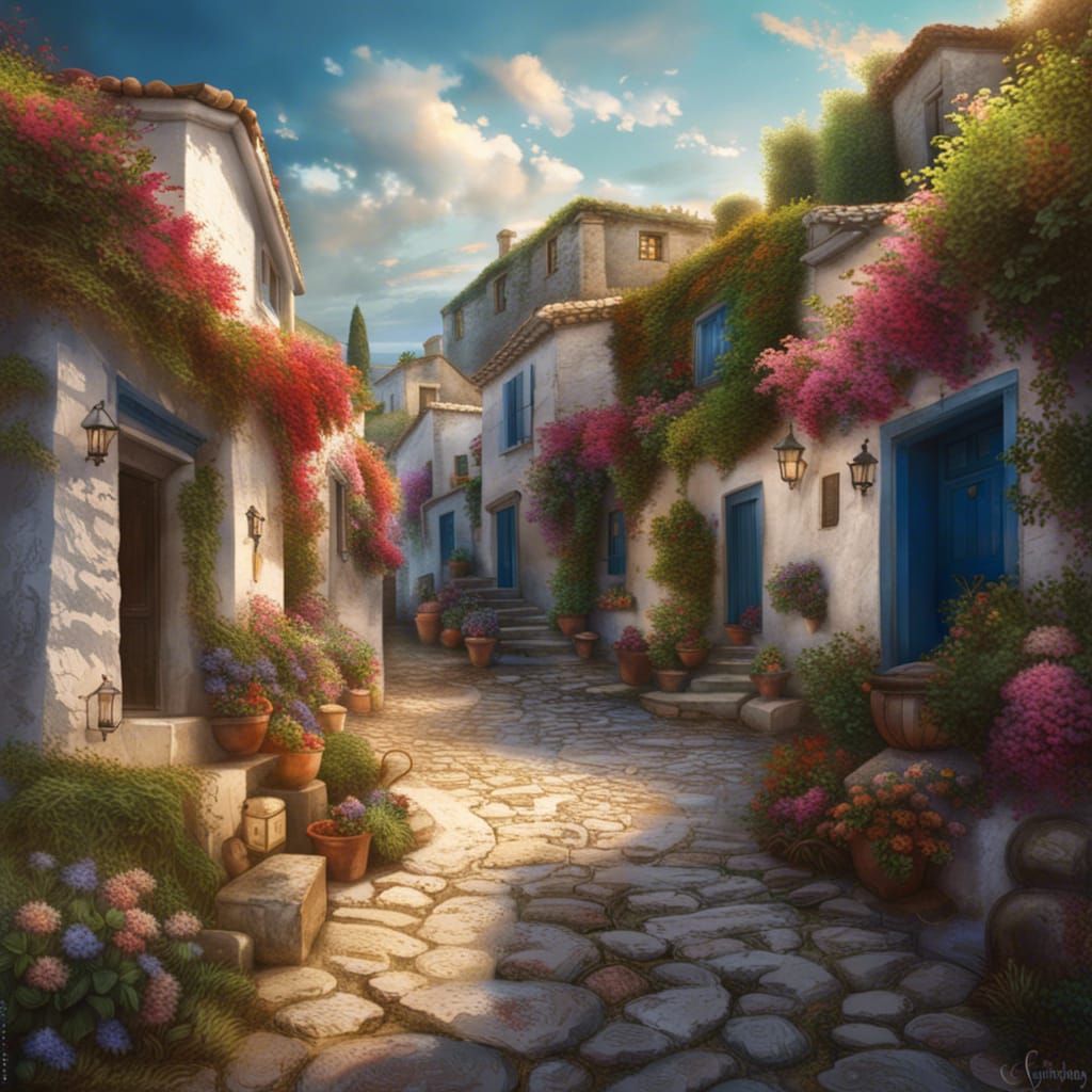 Idyllic Ancient Greek Village with Athena Statue