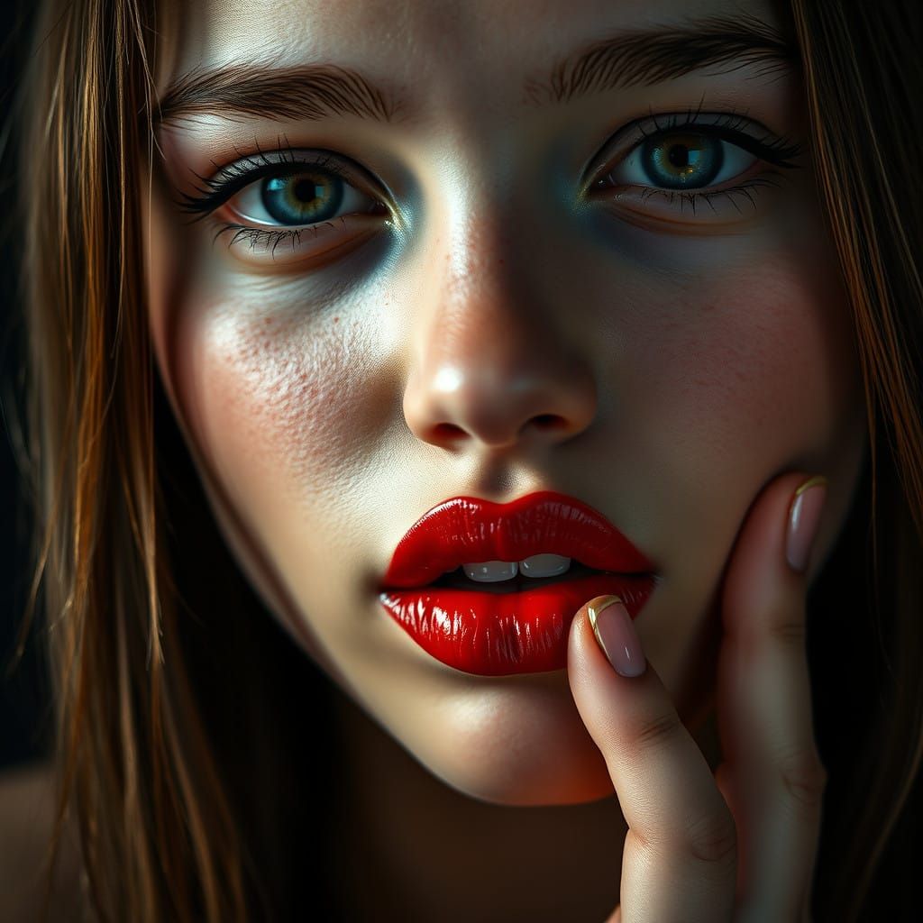 Hyper-Realistic Portrait of a Girl with Vibrant Red Lips
