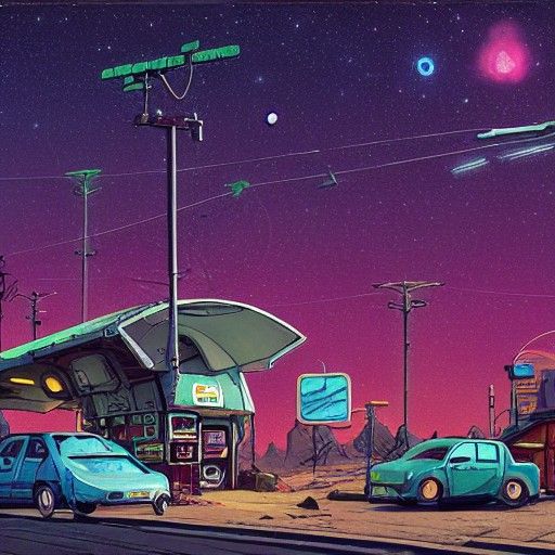 Edge of Space Shantytown Gas Station, Photorealistic Illustr...