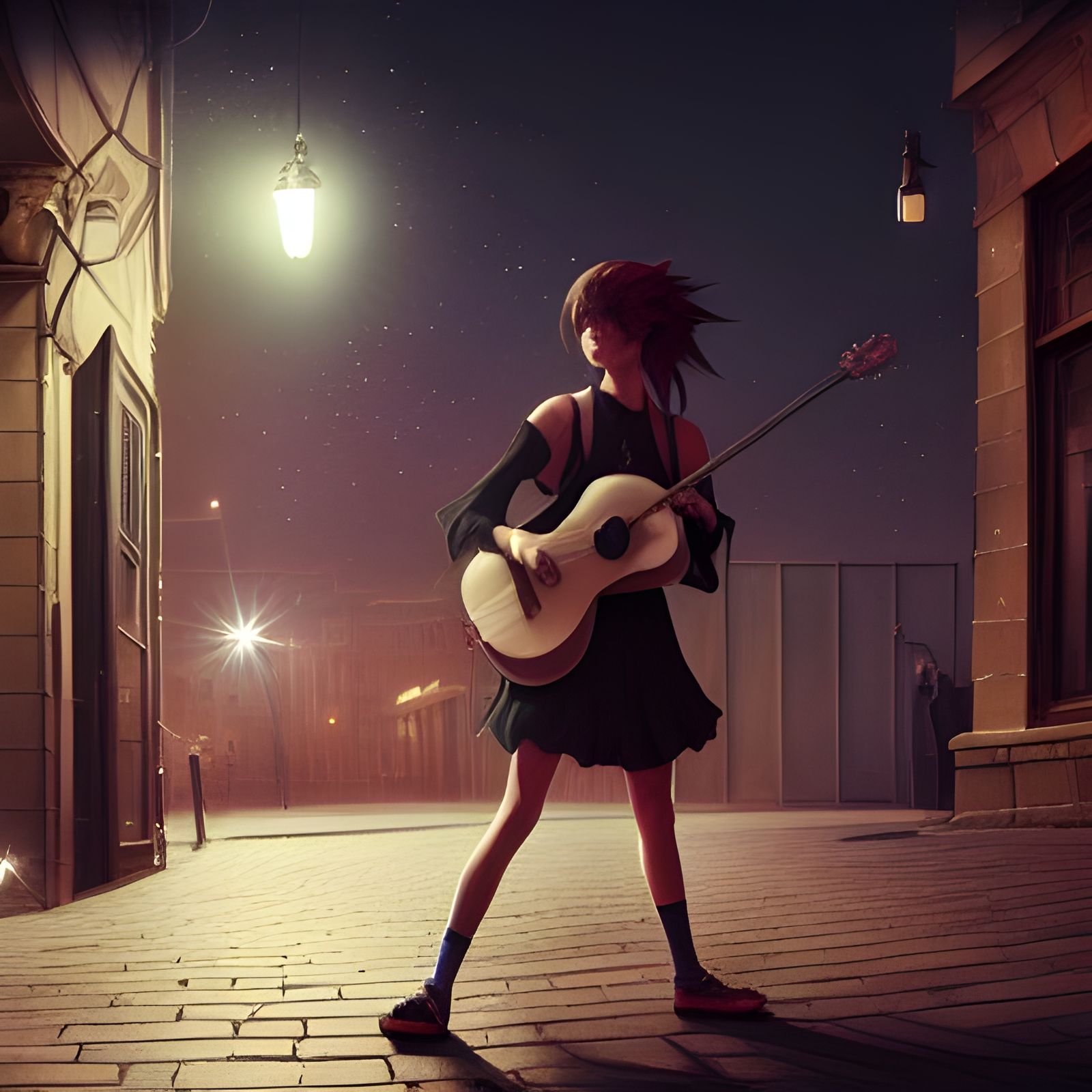 Moonlit Street Guitarist in Shounen Anime Style