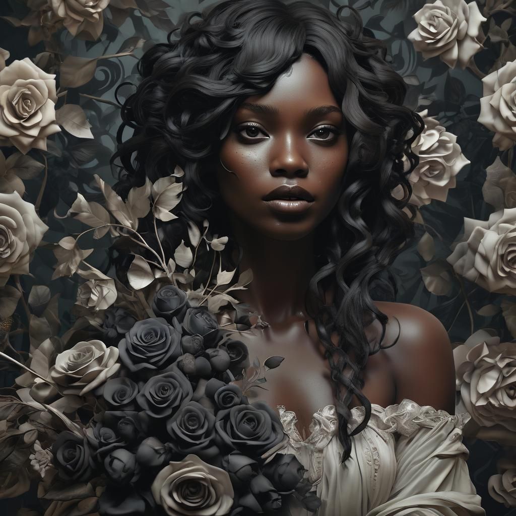 Dark Fantasy Goddess Enveloped by Black Roses and Hearts