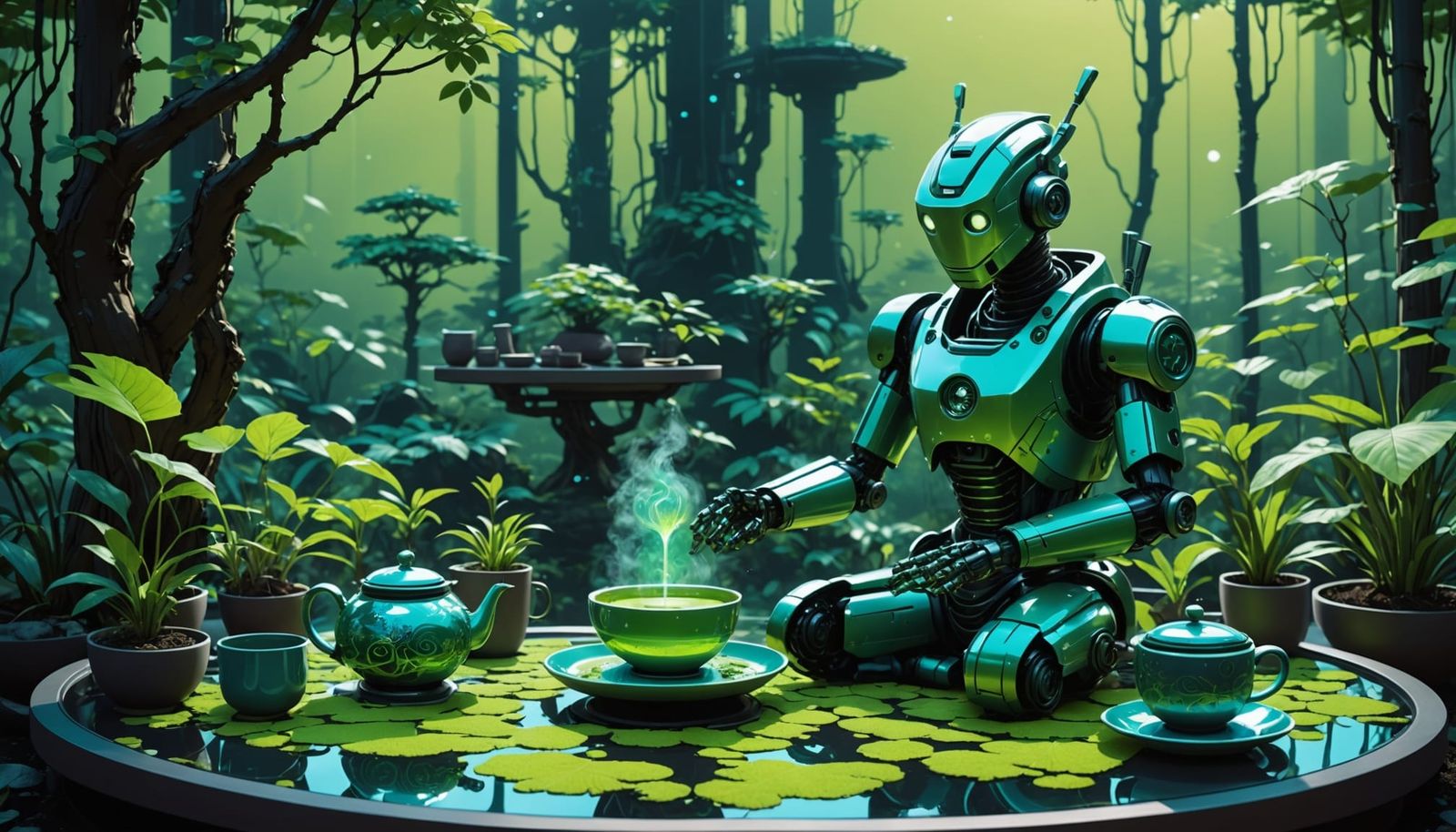Futuristic Tea Ceremony Robot in Zero-Gravity Garden