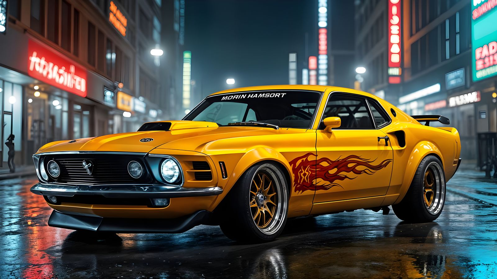 Yellow Ford Mustang with Fire Stickers and Rims