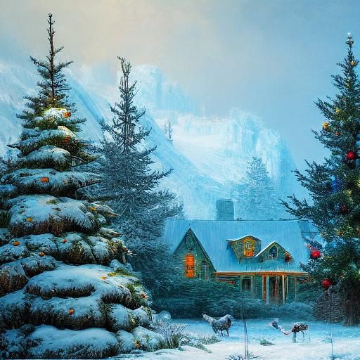 Snowy Christmas Tree Countryside Fantasy Art