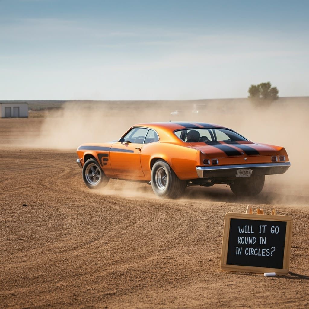 Retro Orange Muscle Car Spins Donut in a Dusty Field