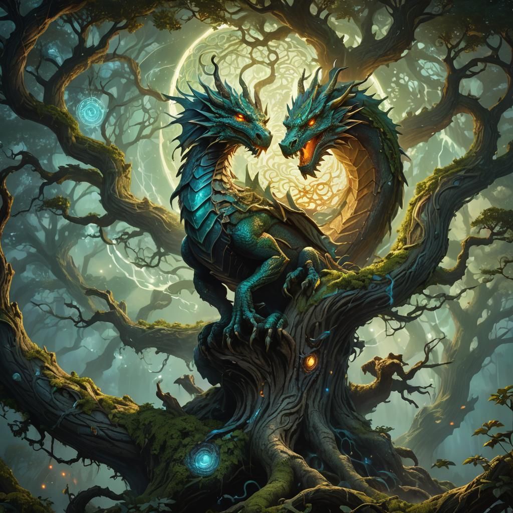 Arcane Dragon Perched Atop Mystical Tree