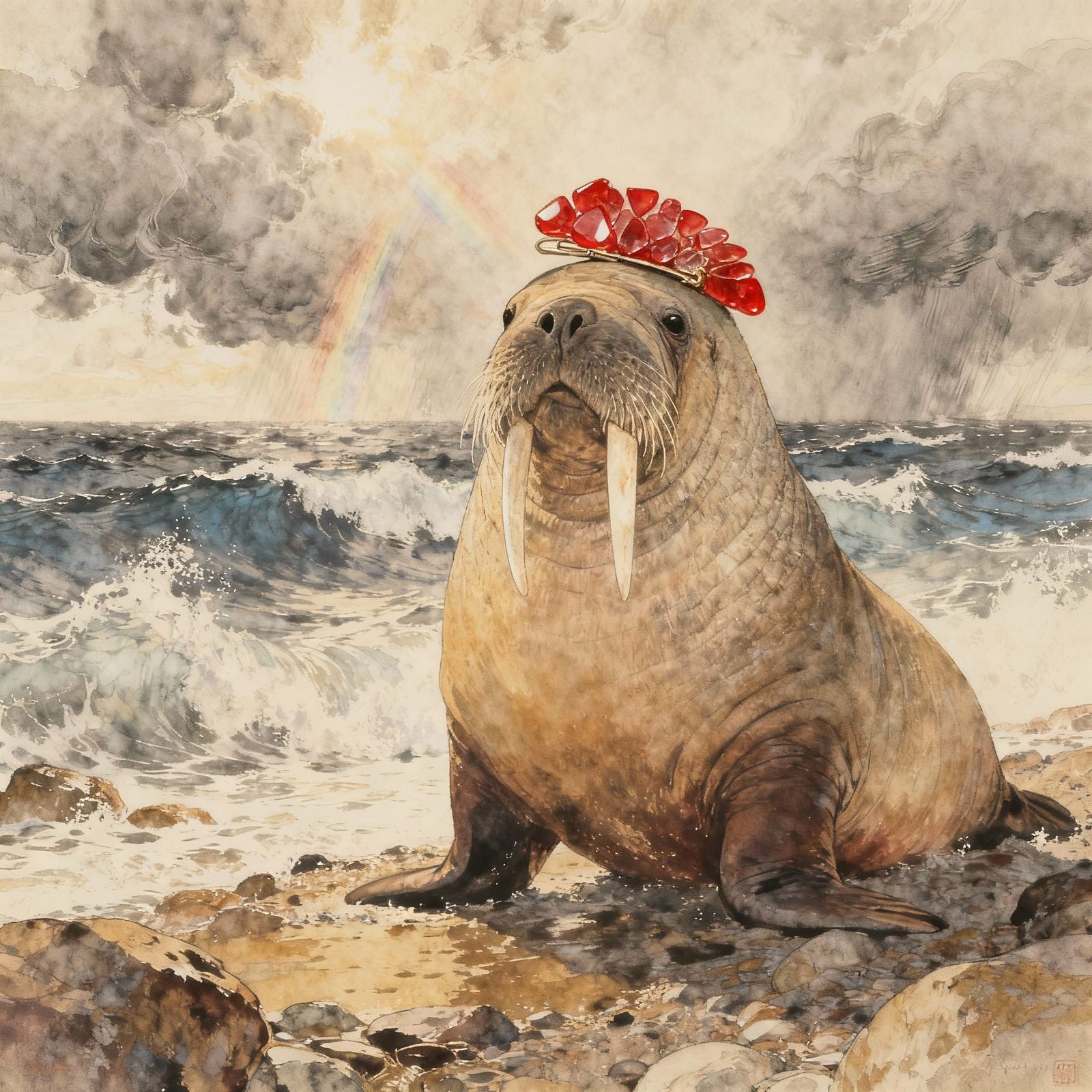 Colossal Walrus with Sea Glass Barrette on Stormy Shore