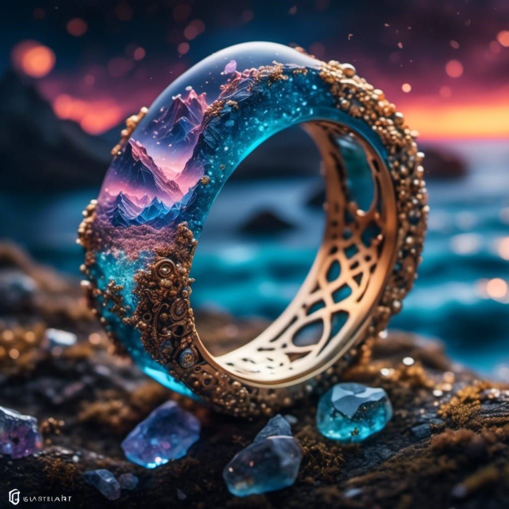 Resin Seascape Ring Macro Inspired by Klimt