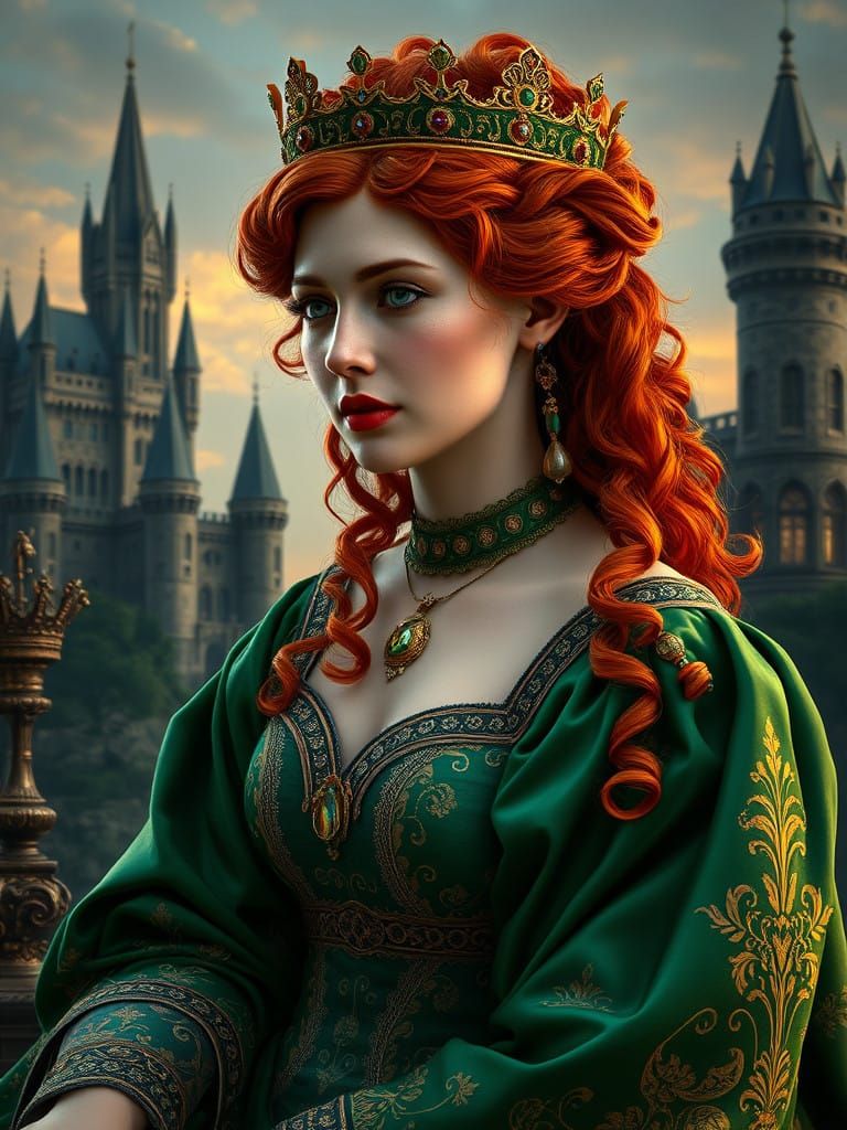 Regal Red-Haired Queen in Majestic Medieval Attire near Cast...
