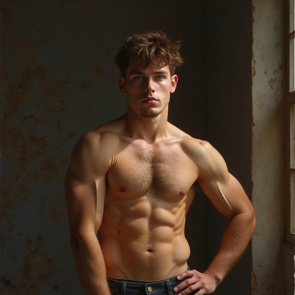 Young Man with a Rugged Beard and Unruly Hair in a Realistic...