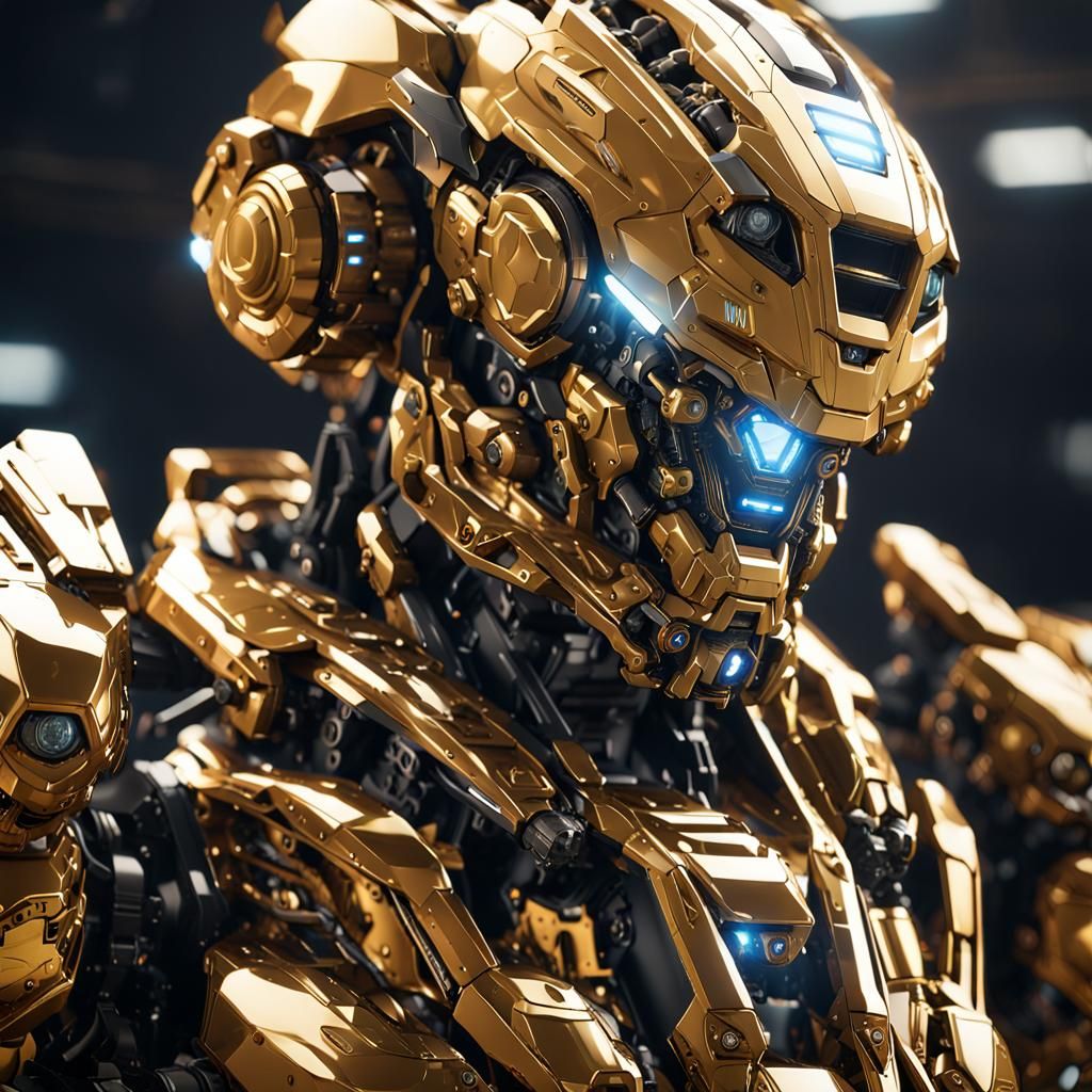 Futuristic Gold Mech Suit in Sci-Fi Style