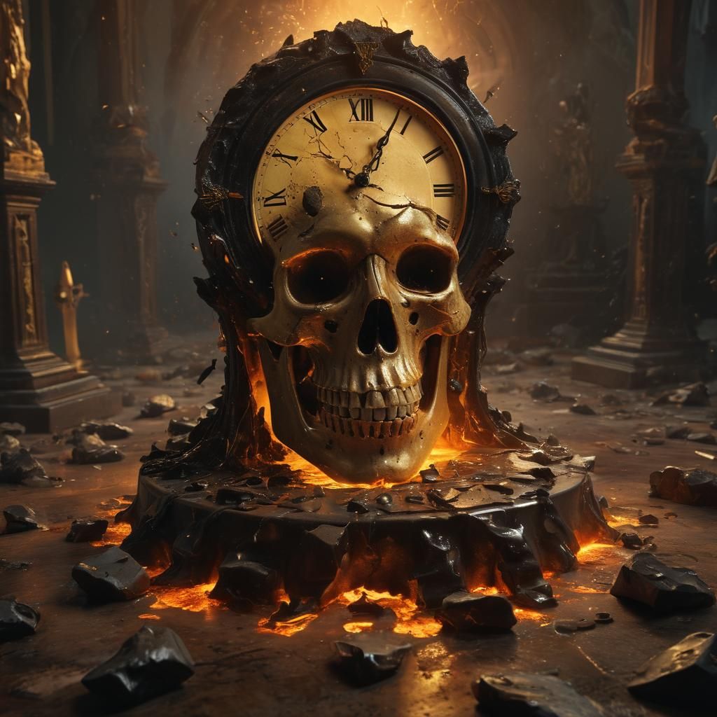 Melting Clock and Shattered Skull: Dark Fantasy Art