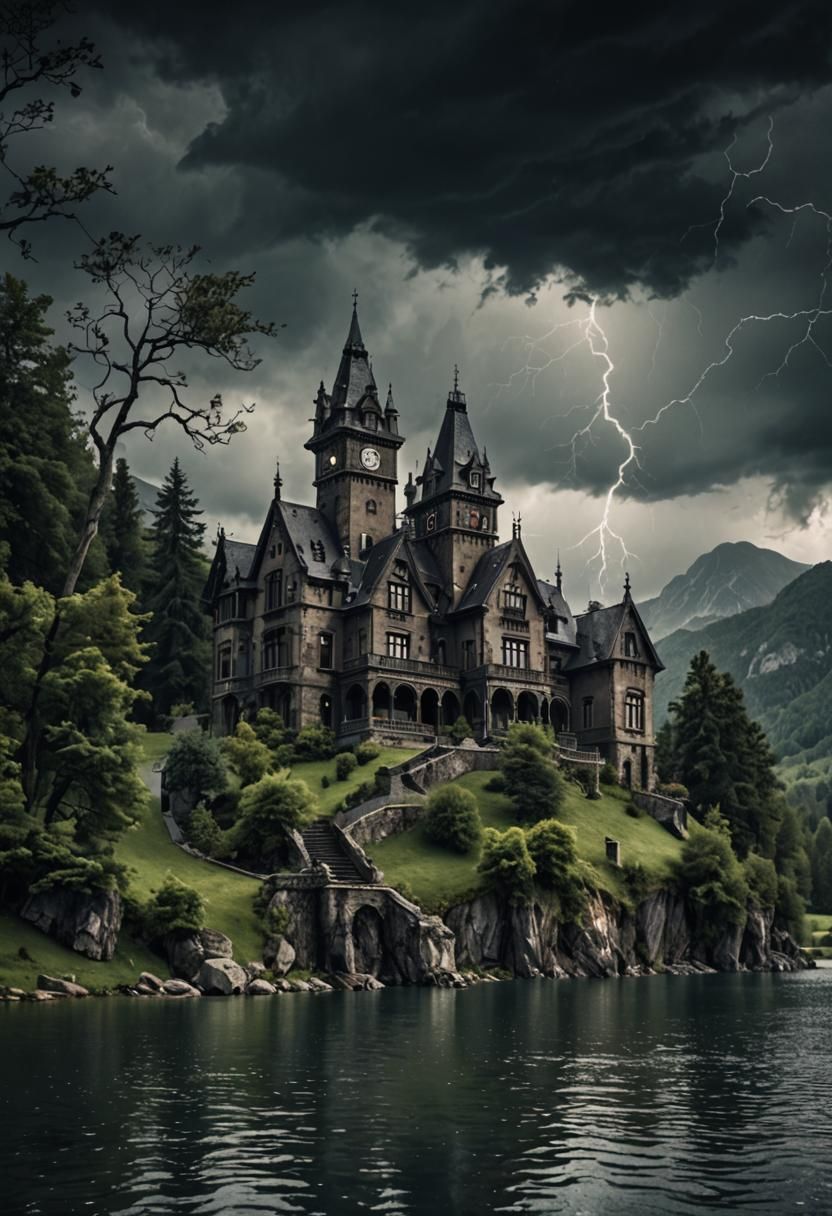 Gothic Mansion in Stormy Mountain Landscape