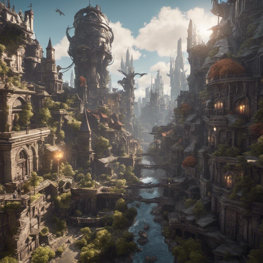 Fantasy Dystopian City with Creatures in 3D