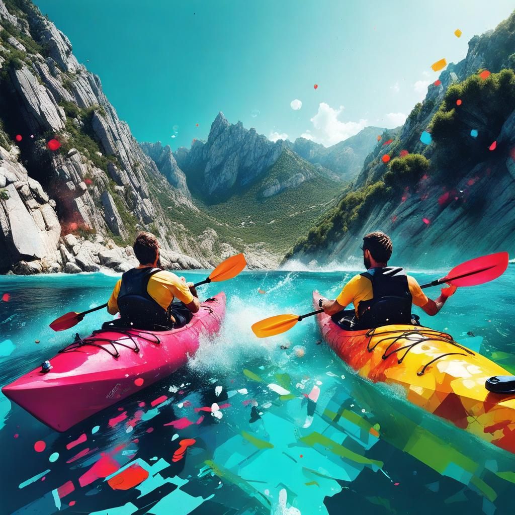 Corsica Kayaking Adventure in Mixed Media Style